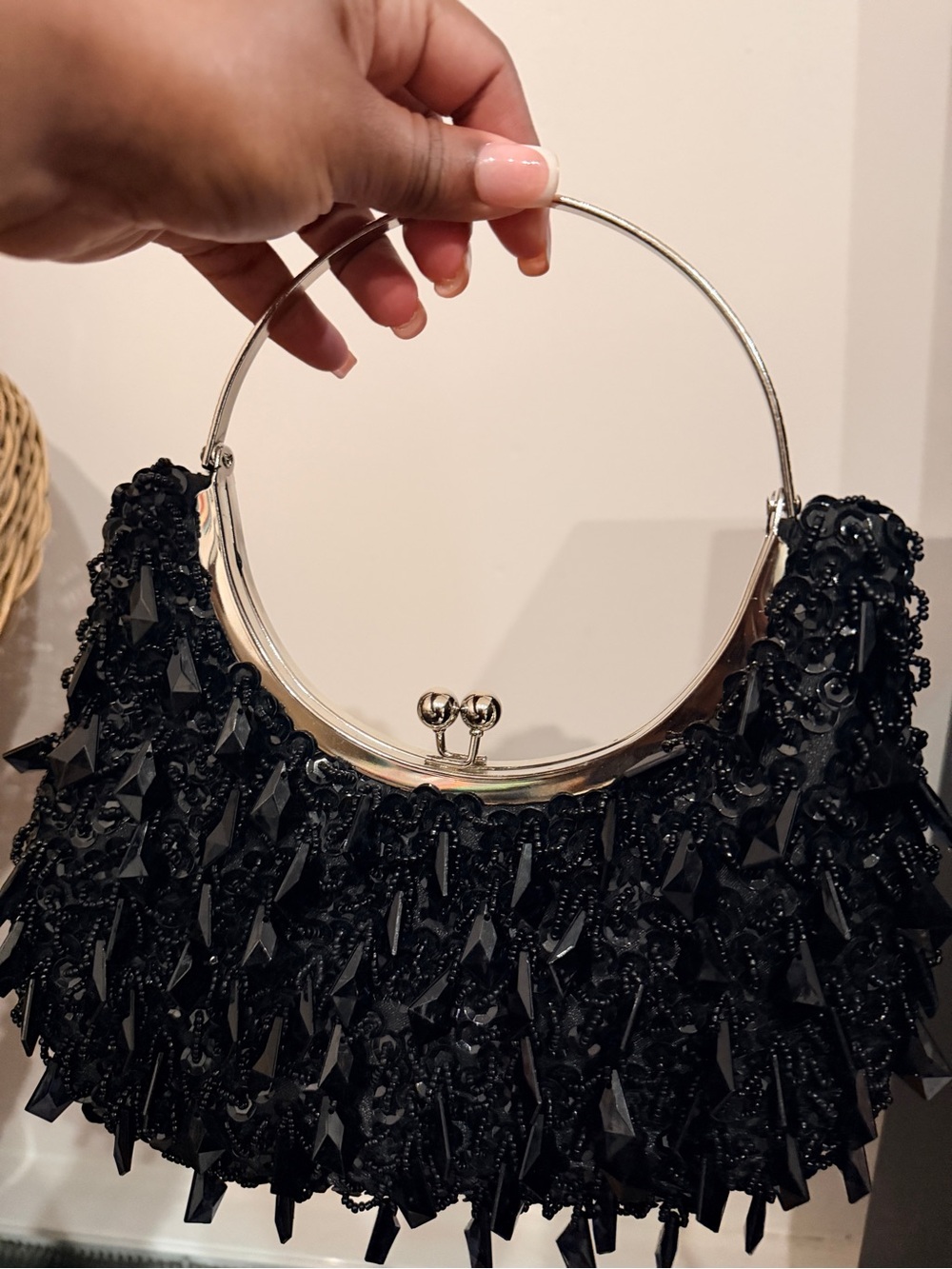 Elegant Black Beaded Handbag with Silver Handle